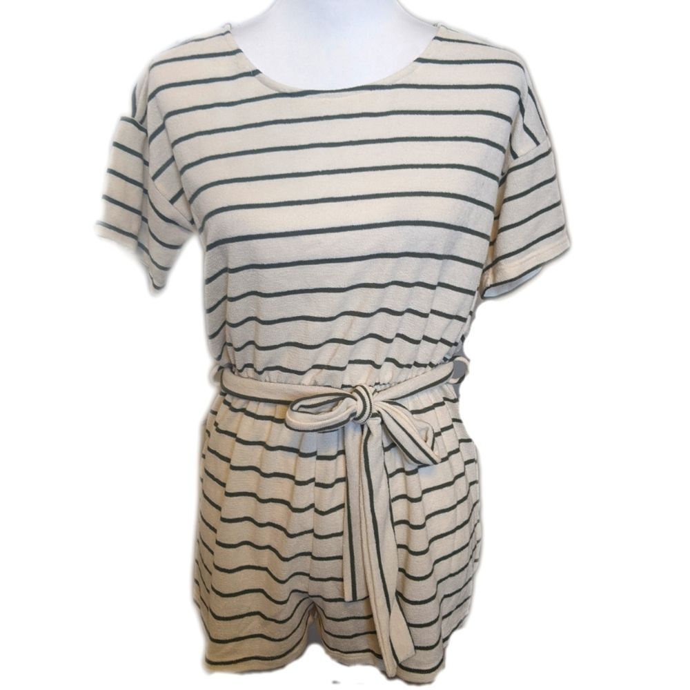 Everly cream & olive green stripe shorts romper, tie belt, size M
